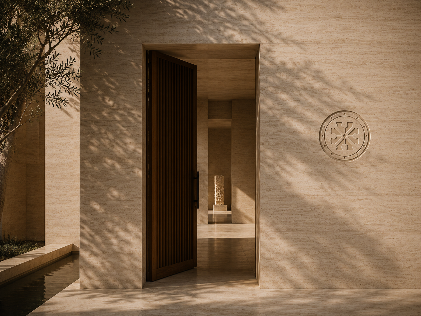 The DECEM threshold: a timber pivot door standing open beside an engraved medallion on a travertine wall, with an olive tree and a water rill at the left.